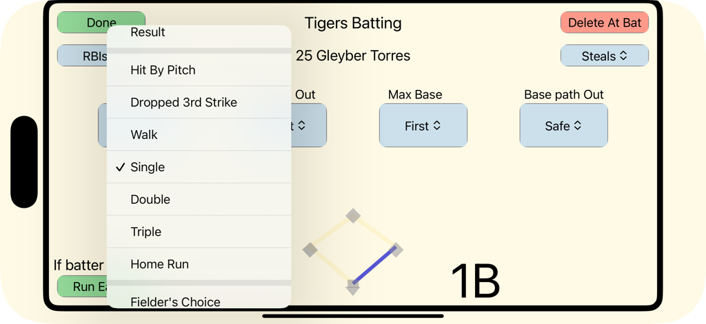 ScoreKeep - Baseball Scoring - Interface of ScoreKeep baseball scoring app showing options for recording an at-bat result.
