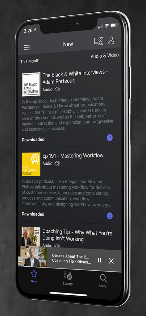 Mobile interface of Josh Phegan Digital app displaying a list of real estate coaching audio episodes and interviews for agents