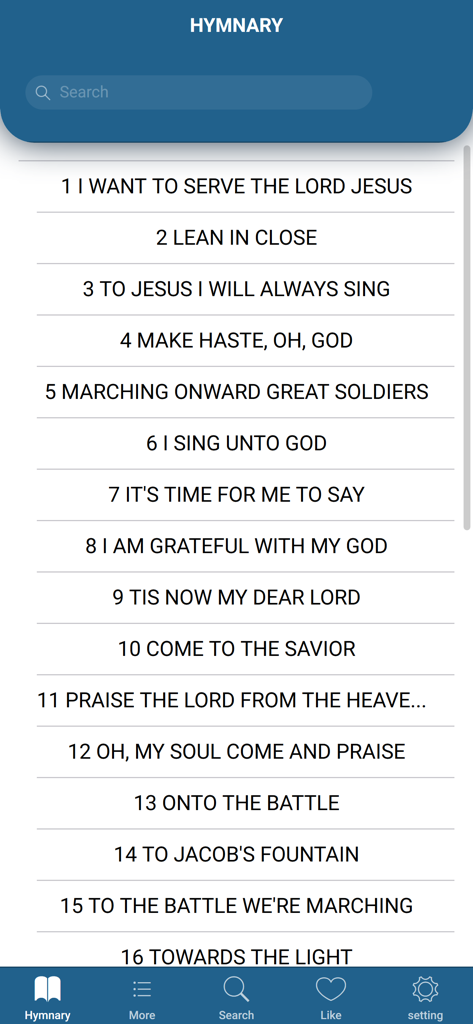 Una lista de himnos cristianos en inglés en la interfaz de la aplicación móvil Himnario LLDM.