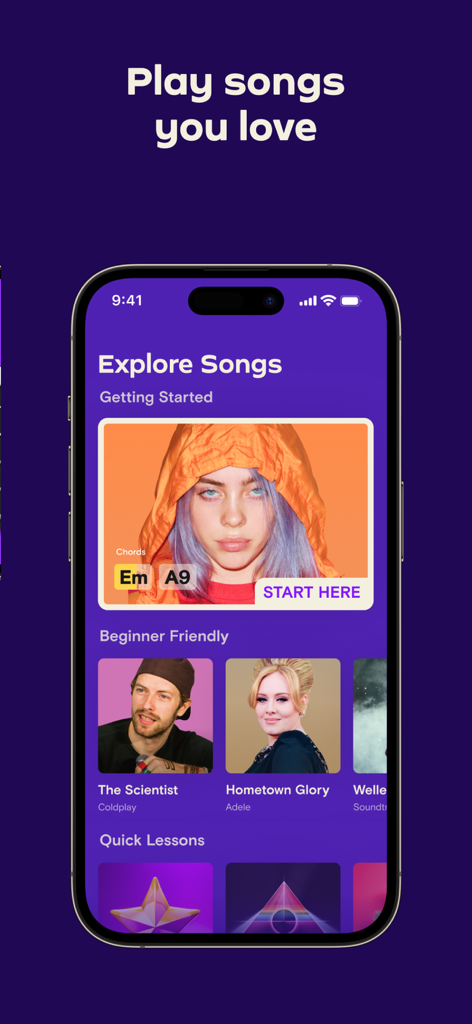 Simply Guitar - Learn Guitar - Simply Guitar app interface showing the Explore Songs section with popular artists like Billie Eilish and Adele for beginner lessons