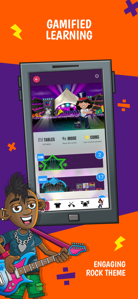 A mobile app interface for Times Tables Rock Stars showing gamified math learning with a rock star theme