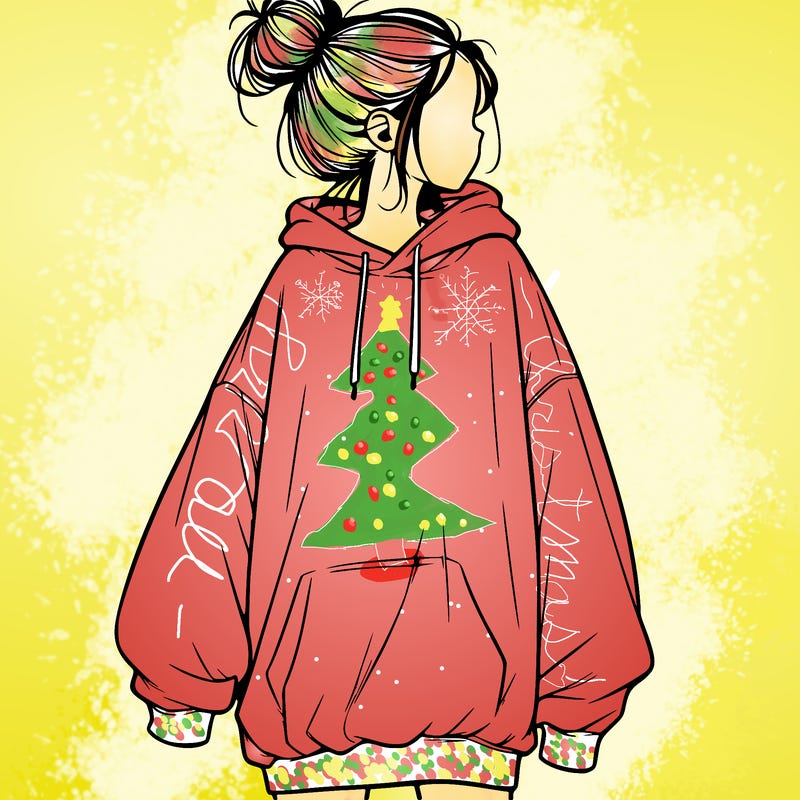 realistic girl with a oversized sweatshirt on and a bun