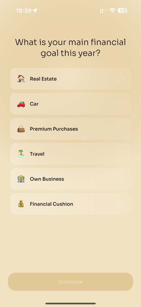 Wealth Aura - Pantalla de la aplicación móvil Wealth Aura pidiendo al usuario que elija su meta financiera principal, como bienes raíces o viajes