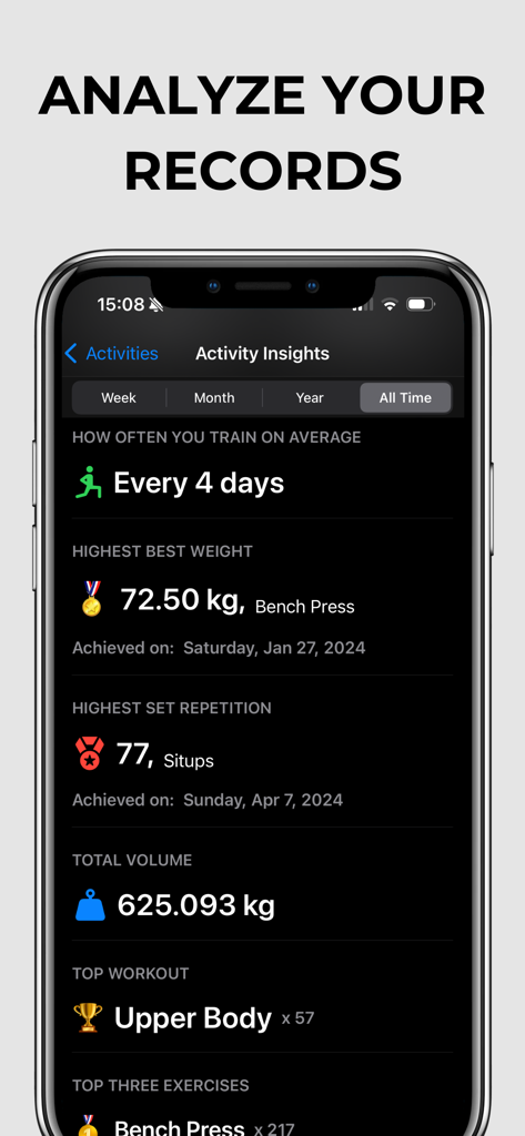 Fit Records - Workout Tracker - Activity insights screen in the Fit Records app showing personal records and workout stats.