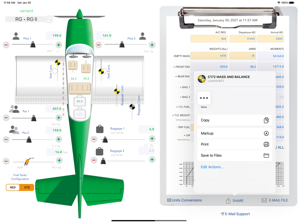 Cessna 172 mass and balance app with aircraft diagram and digital loadsheet