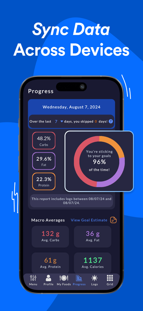 Progress screen with macro breakdown and goal tracking data.