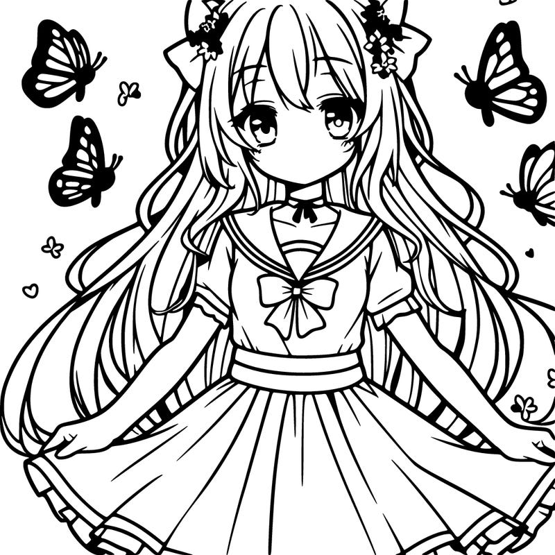 anime girl with butterflies around her, she is wearing a dress