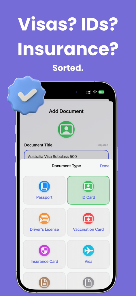 Mobile interface of TravelDocs app showing a selection menu for document types including passport visa and insurance