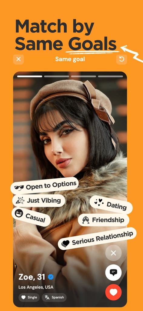 InMessage dating app interface showing a user profile with relationship goal options like serious relationship and casual dating