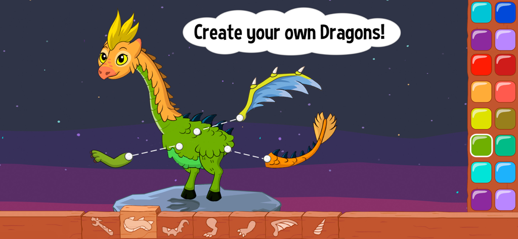 Una pantalla de personalización de dragones en la aplicación Pepi Wonder World que muestra varias partes del cuerpo y opciones de color para crear un dragón único.