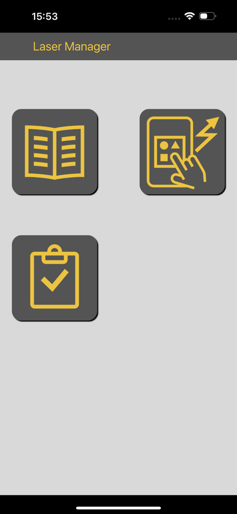 Tela inicial do aplicativo Topcon Laser Manager mostrando ícones para controle remoto manual e verificação de status