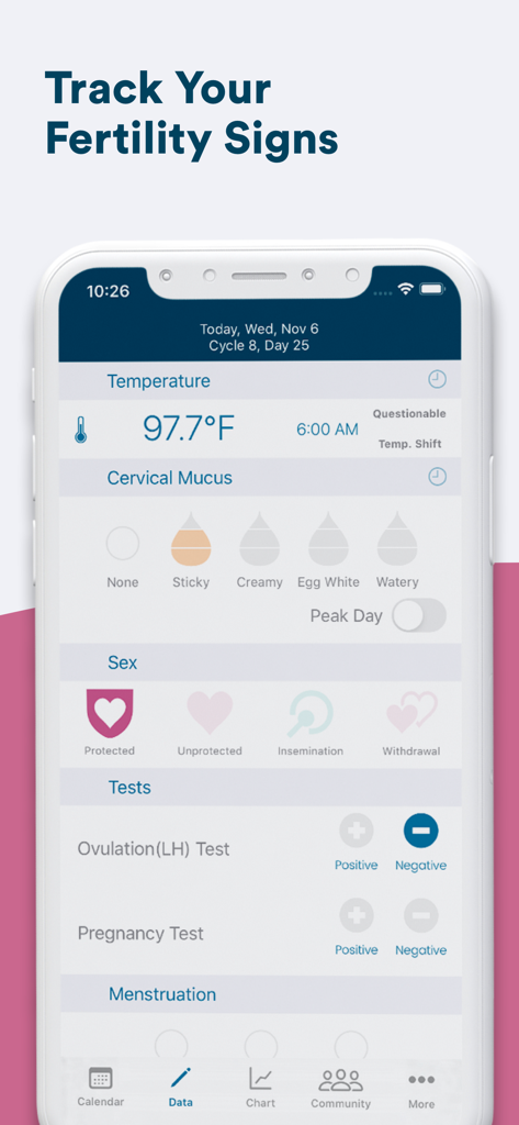 Kindara app interface for tracking temperature cervical mucus and ovulation tests