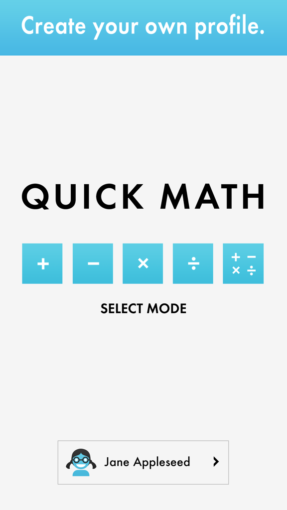수학 연산 모드와 사용자 프로필 선택이 있는 Quick Math 앱 홈 화면