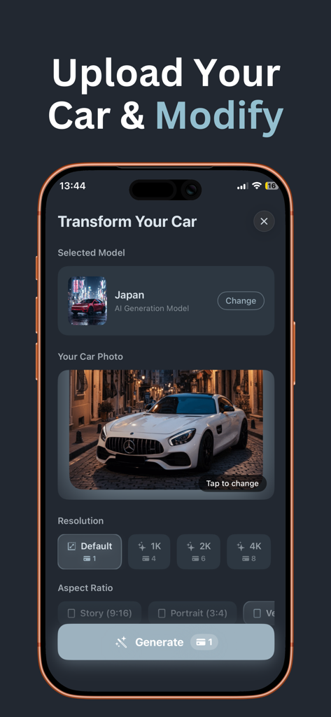 AI Car Modification - CarModo - Interface of the CarModo app showing options to upload a car photo and select AI modification styles