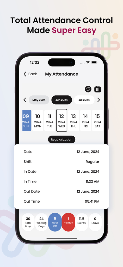 HR HUB: HRMS & Payroll App - Interfaz de la aplicación HR HUB que muestra los detalles de seguimiento de asistencia con horarios de entrada y salida.