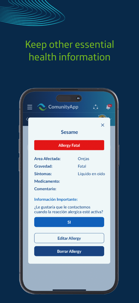 ComunityApp mobile interface showing a fatal sesame allergy alert and health information.