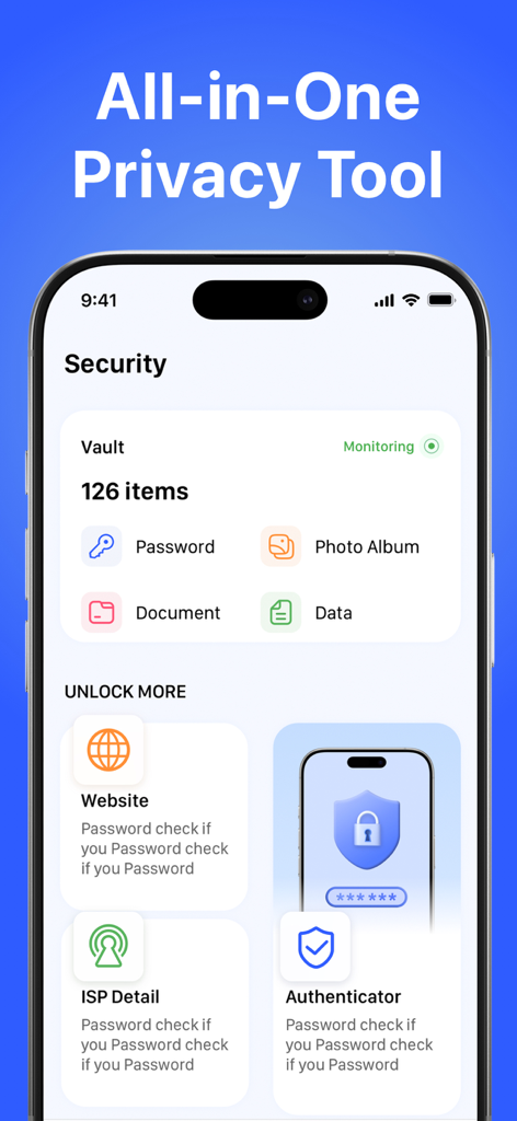 保管庫アイテムとプライバシーツールを表示するAuthenticator Appのセキュリティダッシュボード。