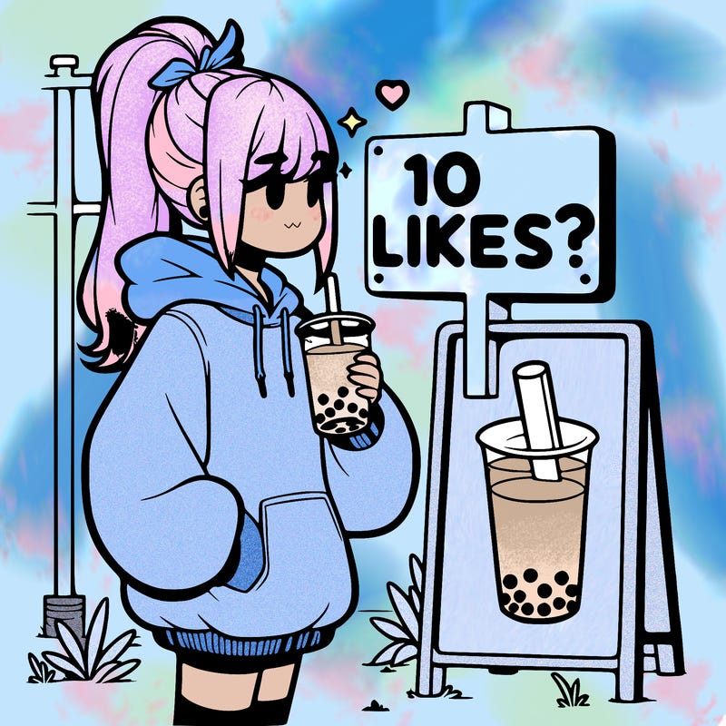 girl with oversized hoodie drinking boba and she has a high ponytail with a sign that says 10likes?
