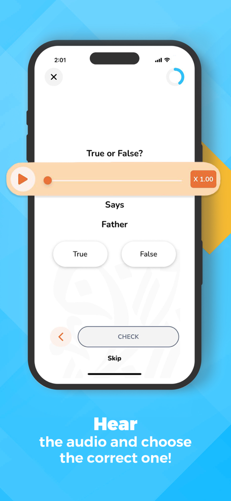 Kaleela・Learn Arabic Language - Pantalla de la aplicación Kaleela mostrando un ejercicio de comprensión auditiva de verdadero o falso para estudiantes de idioma árabe.