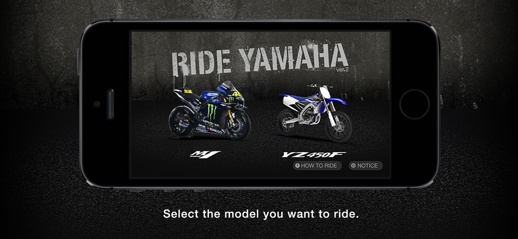 Ride YAMAHA - Écran de sélection de l'application Ride YAMAHA présentant des modèles de motos comme la YZR-M1 et la YZ450F