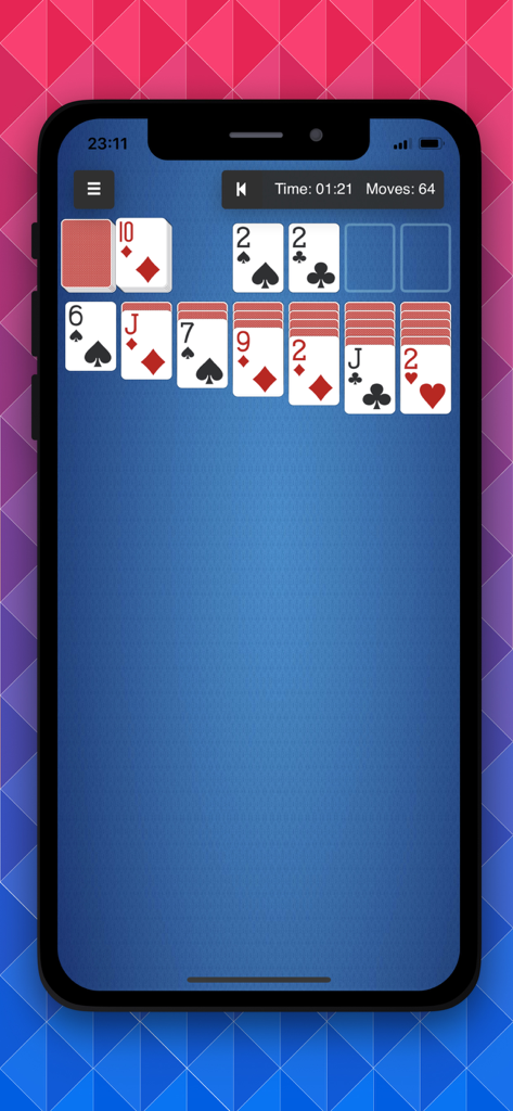B6 Solitaire: 18 Classic Games - A classic solitaire card game in progress on a smartphone screen with a blue background