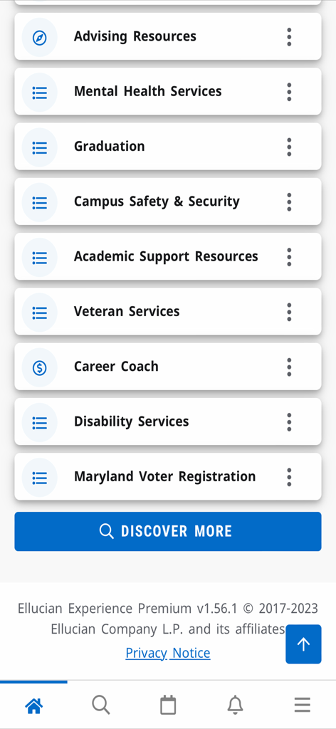 Wor-Wic Mobile - Interface do aplicativo Wor-Wic Mobile mostrando uma lista de serviços do campus e recursos estudantis