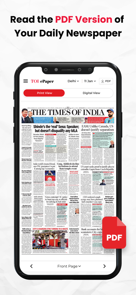 Smartphone screen displaying the Times of India ePaper app with a digital PDF version of the daily newspaper