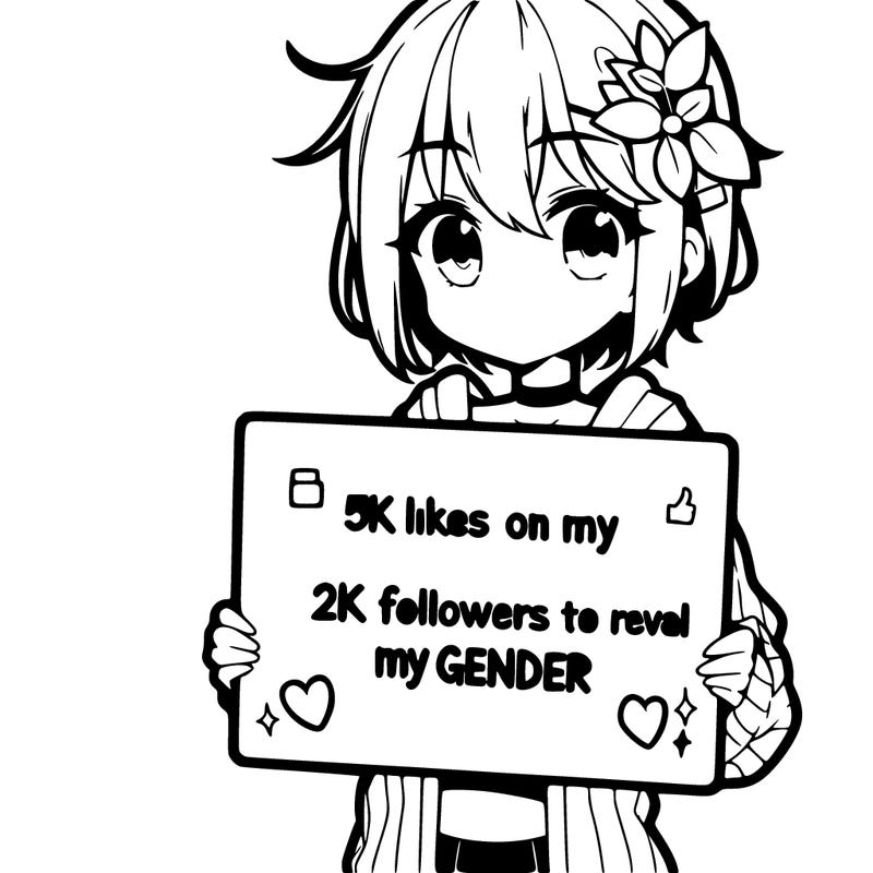 amine girl holding up a sign that says 5k likes on my profile and 2k followers to reveal my gender