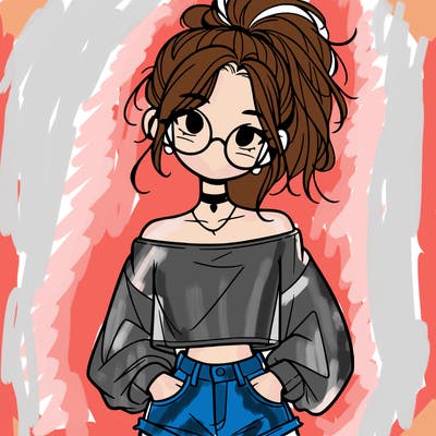 girl with a messy ponytail glasses a baggy crop top and jean shorts