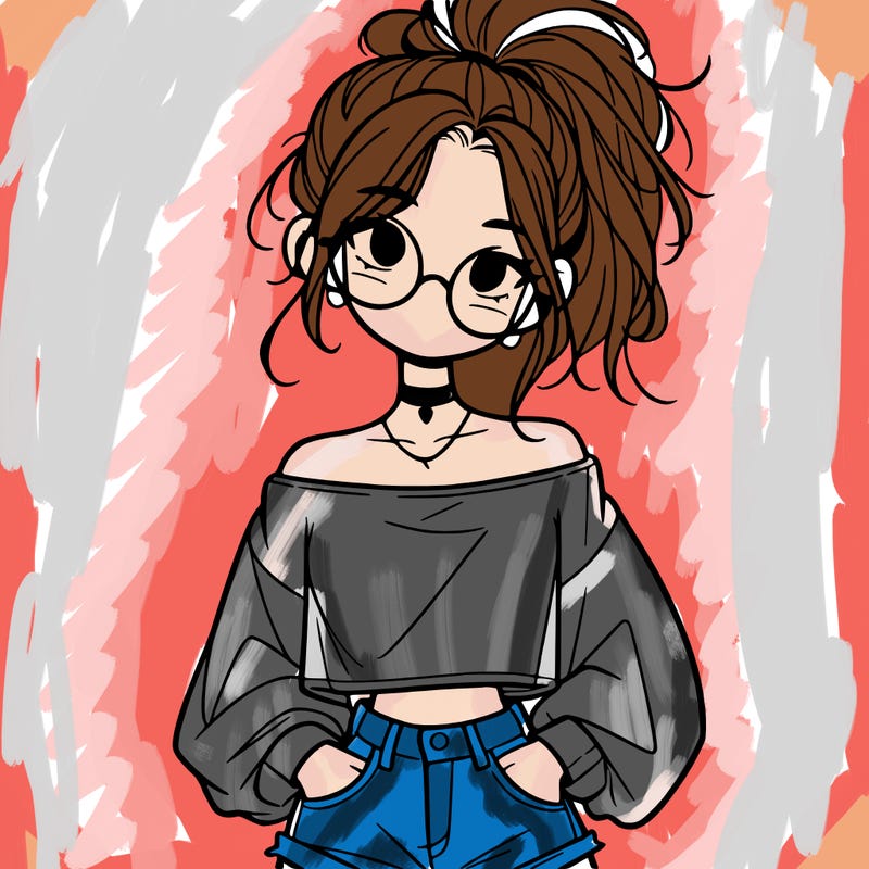 girl with a messy ponytail glasses a baggy crop top and jean shorts