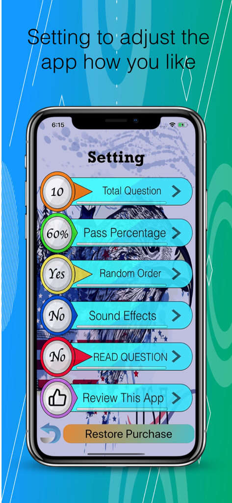 USA Citizenship Test 2026 - USA Citizenship Test 2026アプリの設定メニュー（学習オプション付き）。