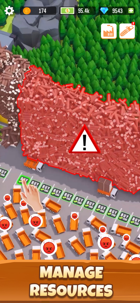 Idle Lumber Empire gameplay showing wood resource management and truck logistics