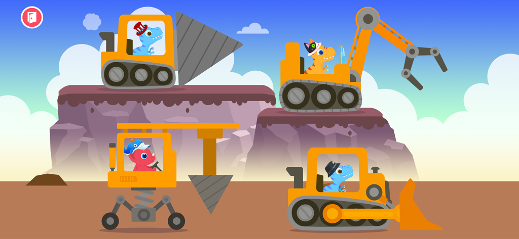 Dinosaur Digger Excavator Game - Cartoon dinosaurs operating various yellow construction trucks and excavators in a preschool game