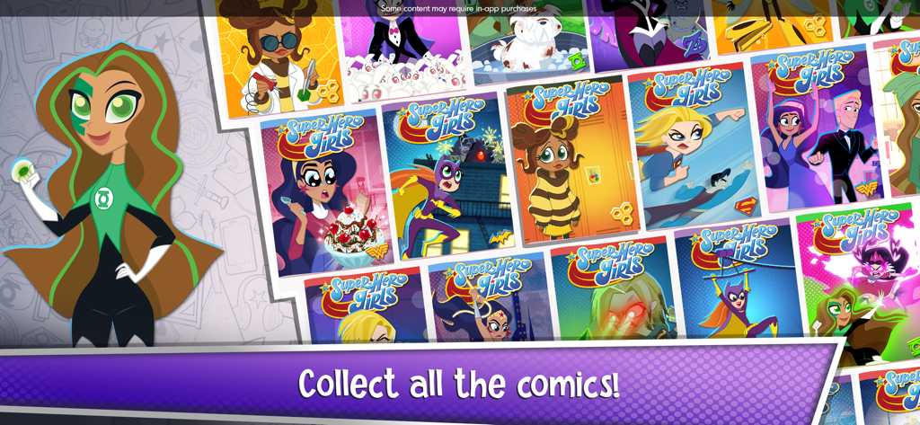 DC Super Hero Girls Blitz - Una colección digital de cómics de DC Super Hero Girls en el menú del juego con varios personajes