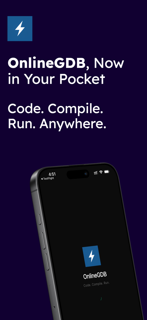 OnlineGDB mobile app splash screen on an iPhone with the tagline code compile run anywhere
