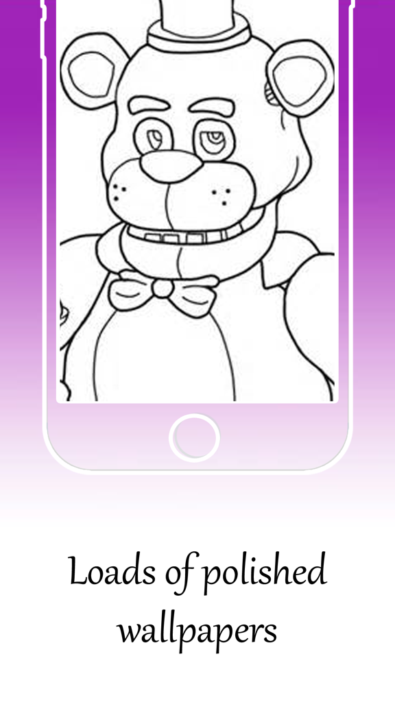 A line drawing of Freddy Fazbear on a mobile phone screen with the text Loads of polished wallpapers