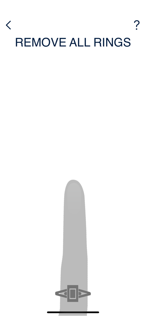 Jostens Ring Sizer - Screenshot of Jostens Ring Sizer app instructing user to remove all rings before measurement.