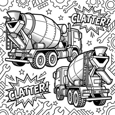 Unleash your creativity with this high-energy Pop Art coloring page featuring two robust concrete mixer trucks. Its bold comic book style, complete with 'CLATTER!' bubbles and halftone dots, offers a uniquely engaging coloring experience.