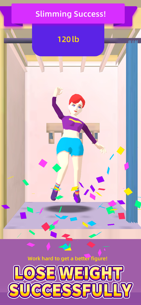 A character in the Fitness Club Tycoon game celebrating slimming success with falling confetti and a 120 lb weight goal achievement.