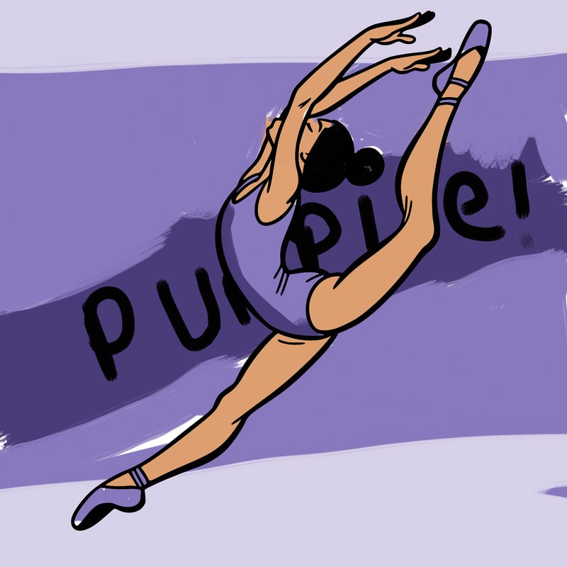 gymnast doing a leap in a leotard with a bent back leg