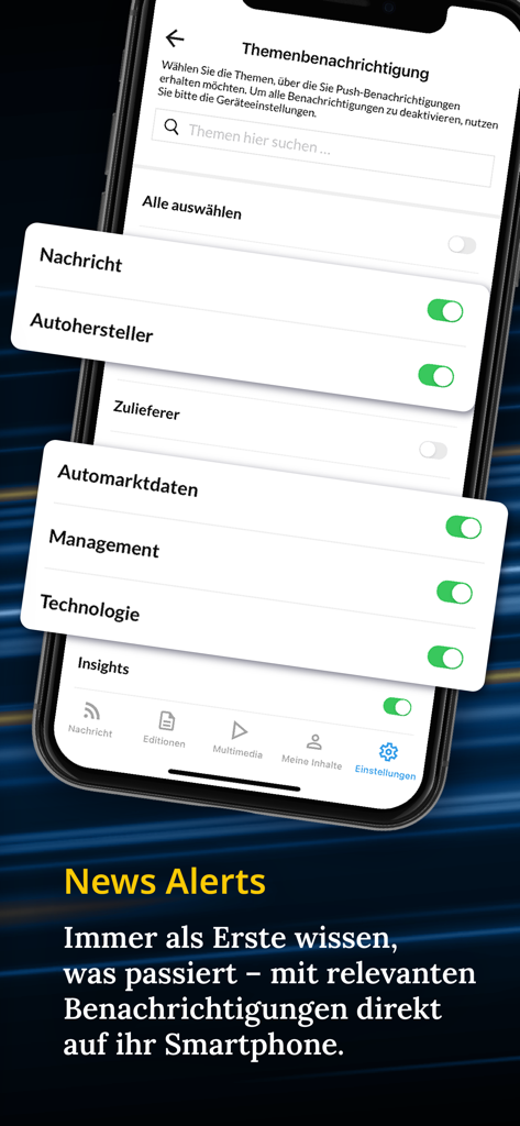 Automobilwoche Nachrichten - Smartphone screen displaying notification settings for automotive news categories in the Automobilwoche app.