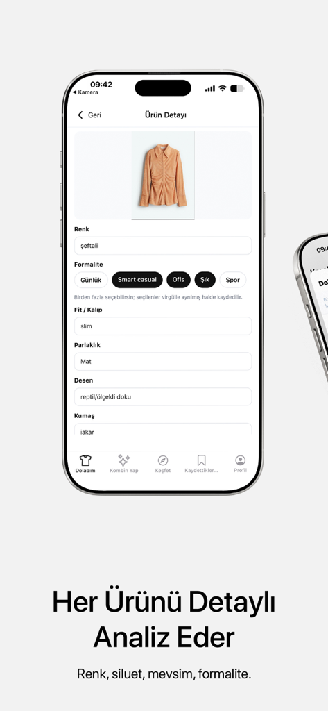 Sylora: AI Outfit Planner - A mobile screen from Sylora app showing AI-generated details for a peach shirt including color and formality.