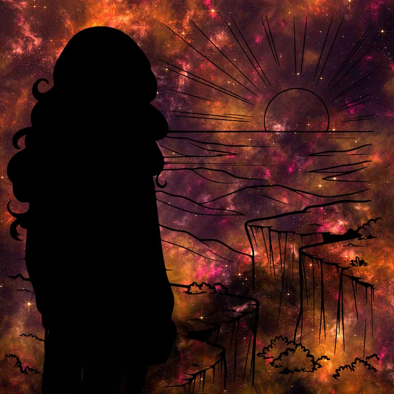 realistic  girl, standing on a cliff looking at the sunset