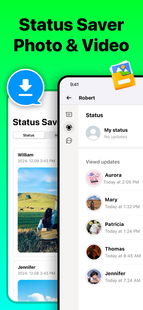 Dual Messenger, Whats Web Chat - Dual Messenger app interface showing the status saver feature for photos and videos