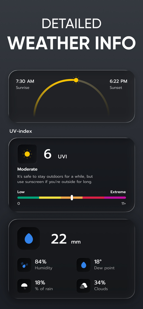 Weather Radar - Forecast NOAA - Detailed weather dashboard showing UV index, sunrise and sunset times, and atmospheric statistics.