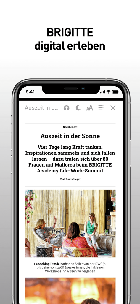BRIGITTE - Das Frauenmagazin - Un smartphone affichant le mode de lecture de l'application BRIGITTE avec un article de style de vie et des fonctionnalités d'interface numérique