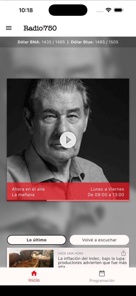 Pantalla de inicio de la app Radio 750 con transmisión de radio en vivo y titulares de noticias argentinas