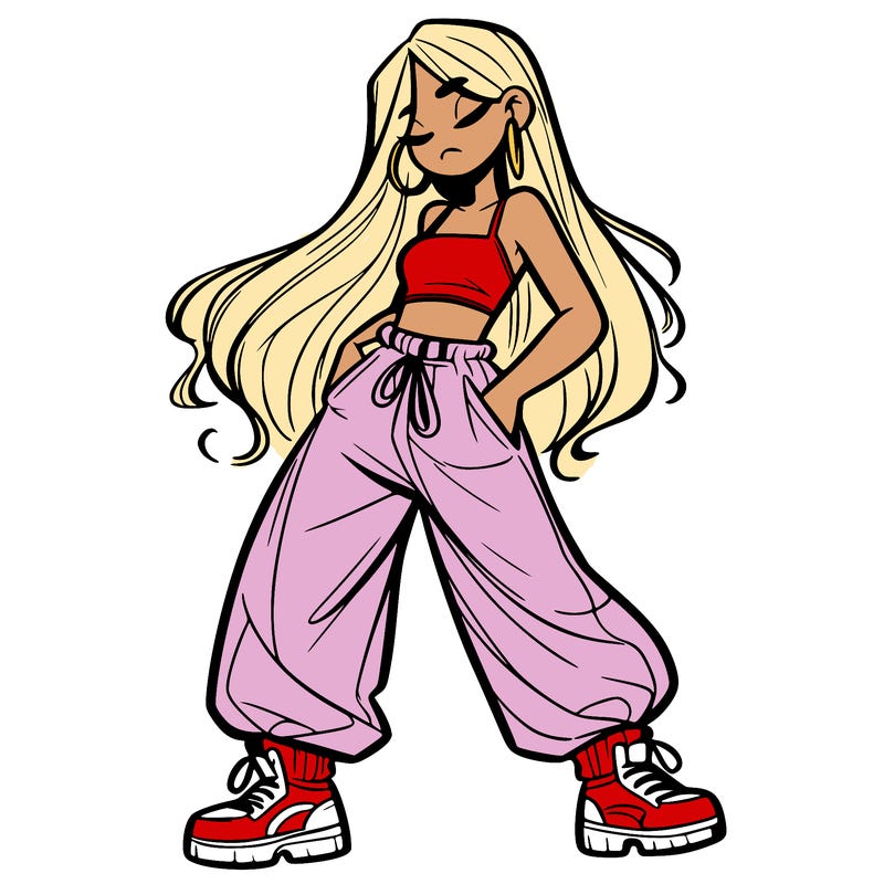 girl in baggy pants crop top and long hair