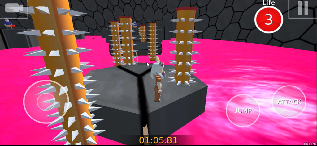 Escape  Barry Prison: Obby Run - A 3D character navigates a challenging obstacle course featuring spiked pillars and pink liquid lava in Barry Prison Escape.