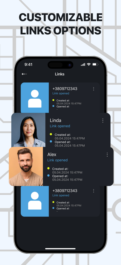 iLoca: Phone Tracker Location - Smartphone screen showing customizable location sharing links for family and friends in the iLoca app